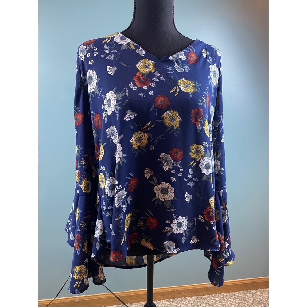 Navy Blue Floral Open Back Blouse Bell Sleeve V-Neck Flowy Top Boho Multi Color‎